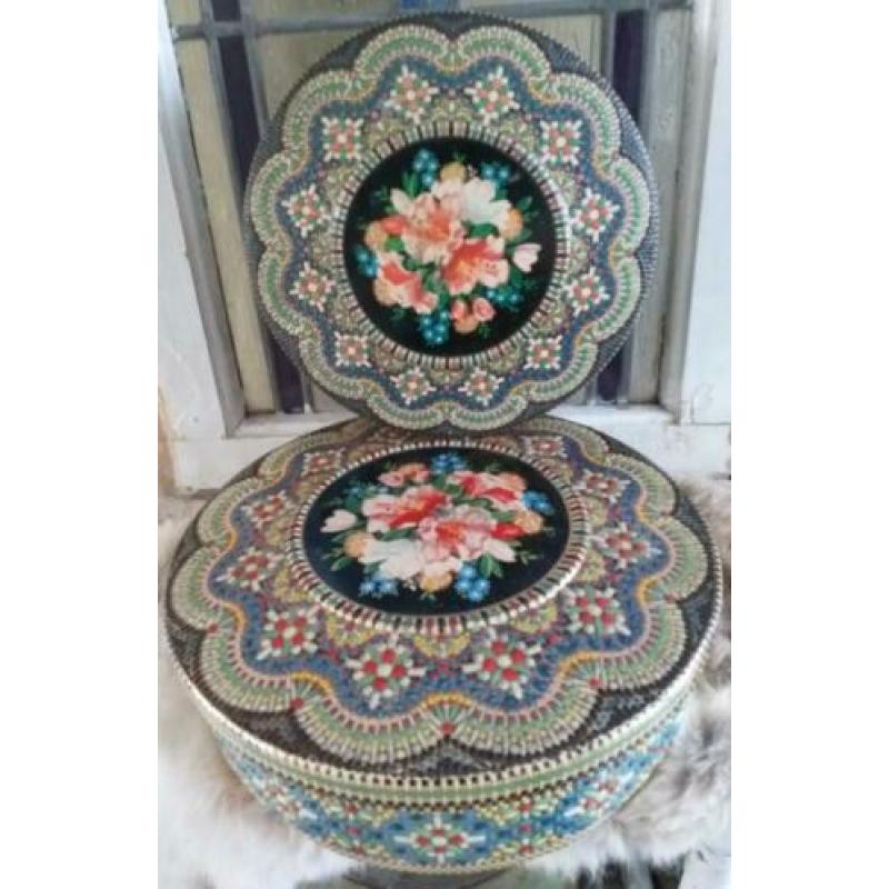 Brocante Koektrommel * Mozaïek Koekblik * 21 cm doorsnee