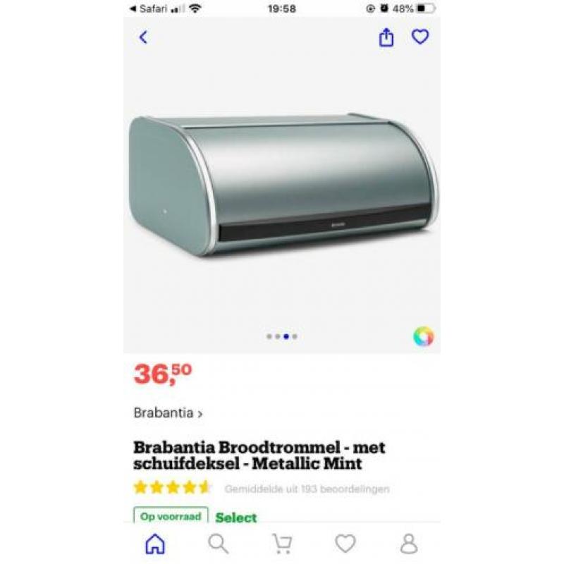 Brabantia broodtrommel met schuifdeksel metallic mint zgan