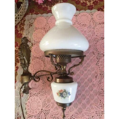 Brocante wandlamp/wand lamp koper, olielamp lampenkap glas