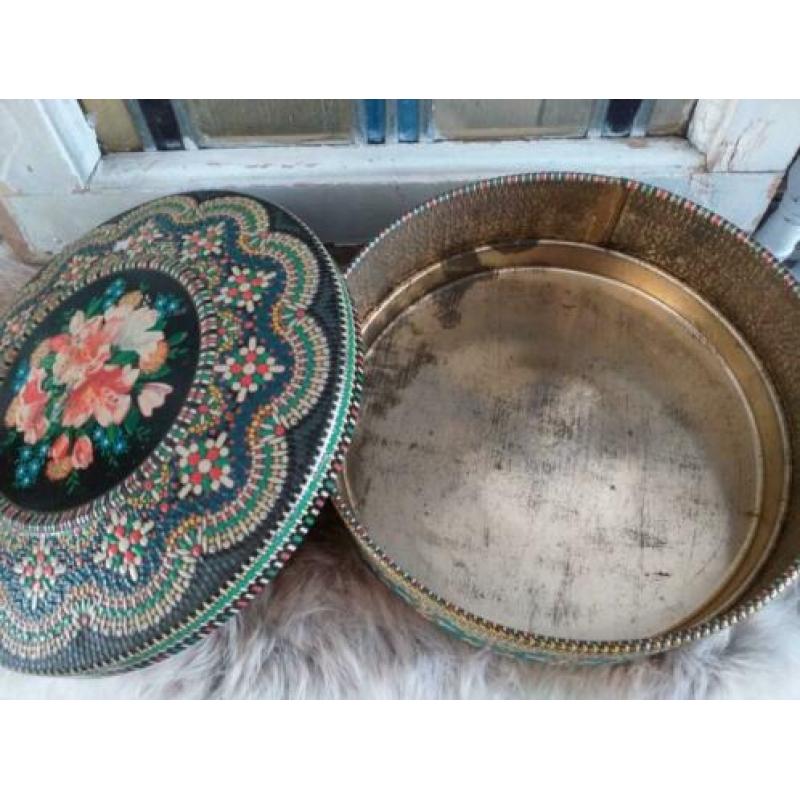 Brocante Koektrommel * Mozaïek Koekblik * 21 cm doorsnee