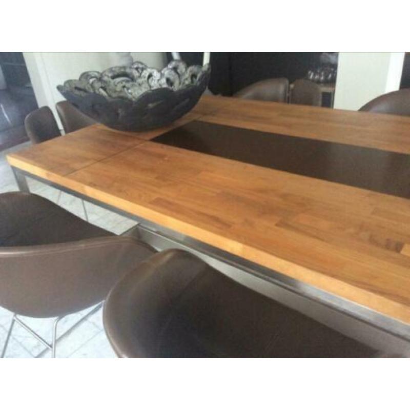 Design (lees) tafel ,hout met staal ,2.40 bij 1.10