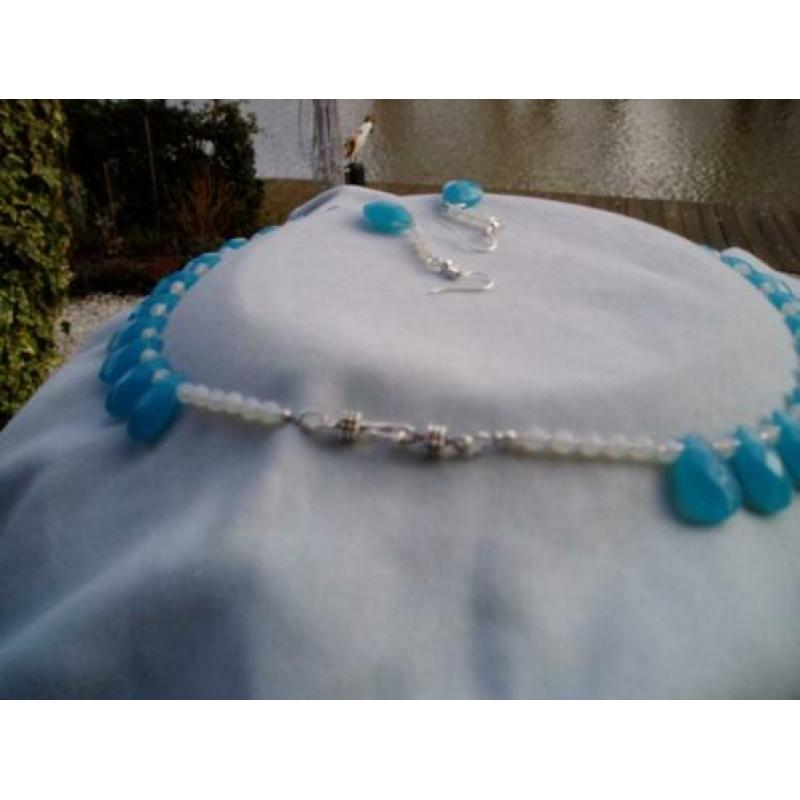 Aqua CHALCEDOON facet met Opalite facet Ketting en Oorbellen