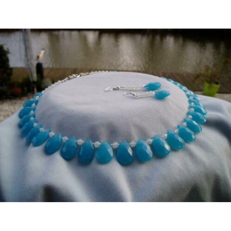 Aqua CHALCEDOON facet met Opalite facet Ketting en Oorbellen