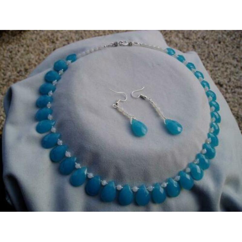 Aqua CHALCEDOON facet met Opalite facet Ketting en Oorbellen