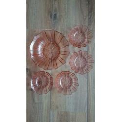 Art Deco set schaal + 4 schaaltjes glas