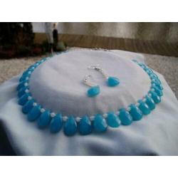Aqua CHALCEDOON facet met Opalite facet Ketting en Oorbellen