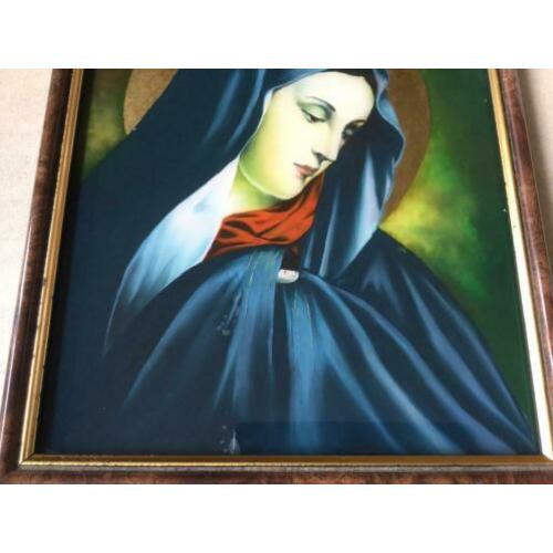 Zeer mooi religieus achterglasschildering schilderij Madonna