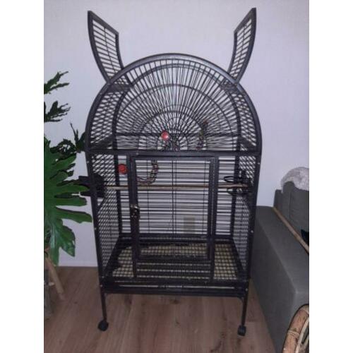 Te koop ruime papegaaien kooi met toebehoren en opvanggoot