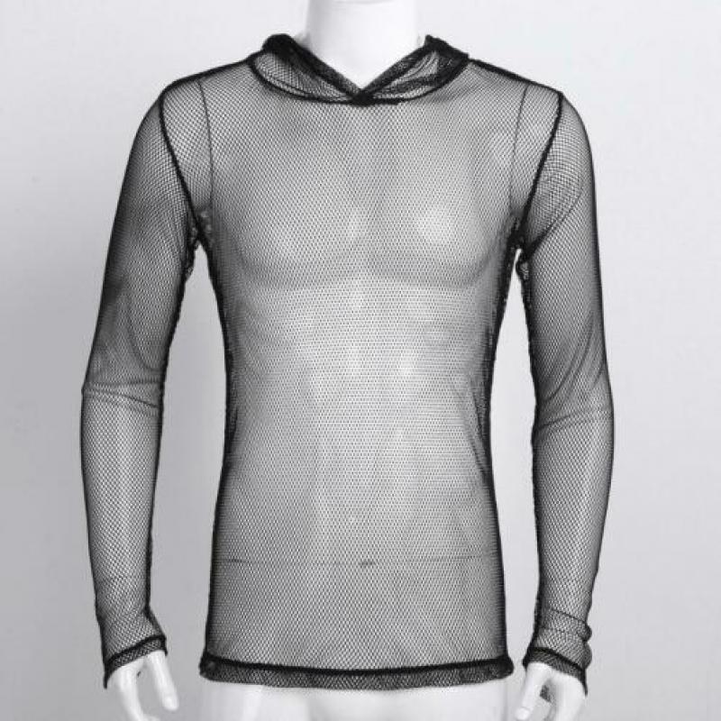 Zwart doorzichtig shirt met capuchon / fishnet M L XL sexy