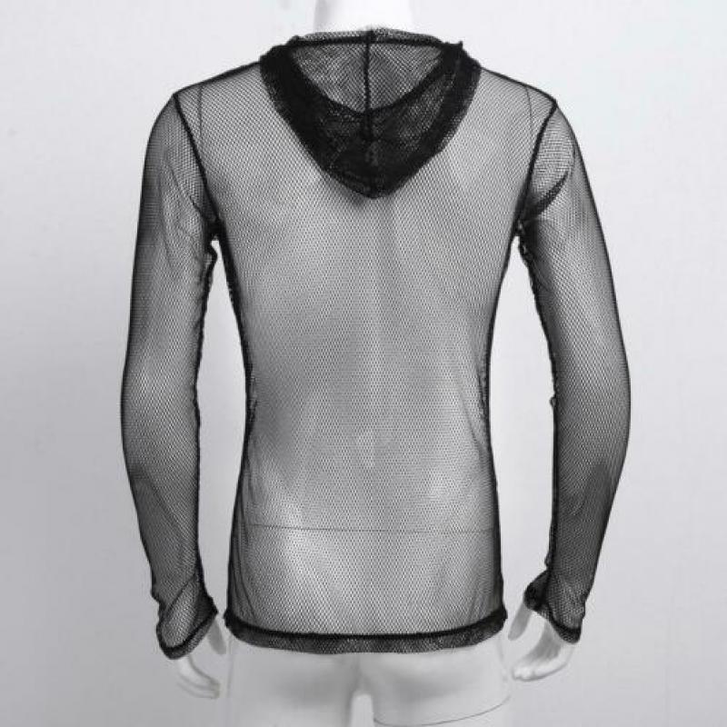 Zwart doorzichtig shirt met capuchon / fishnet M L XL sexy