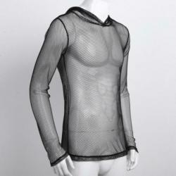 Zwart doorzichtig shirt met capuchon / fishnet M L XL sexy