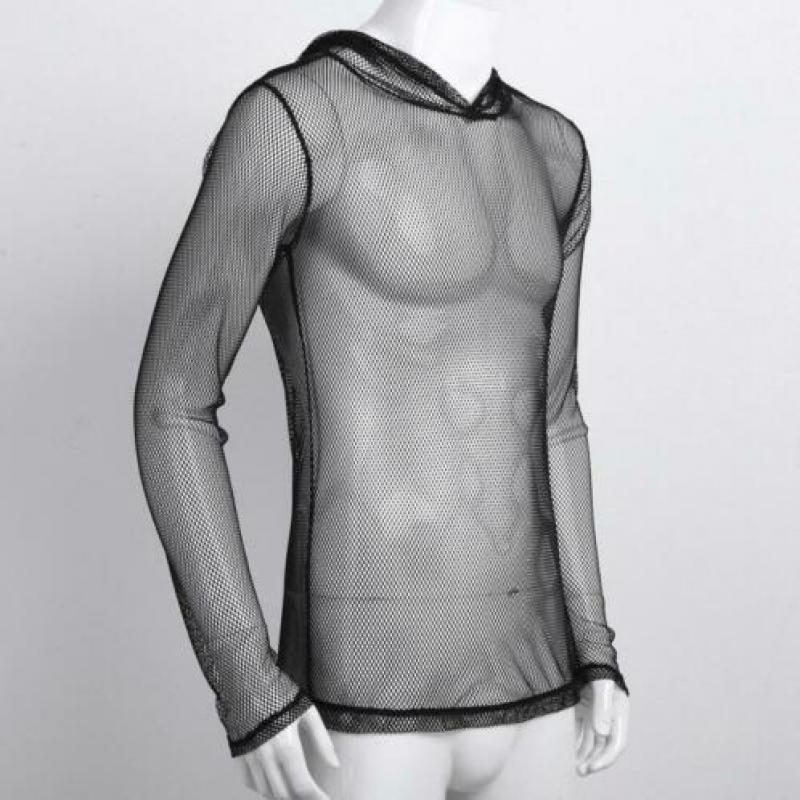 Zwart doorzichtig shirt met capuchon / fishnet M L XL sexy