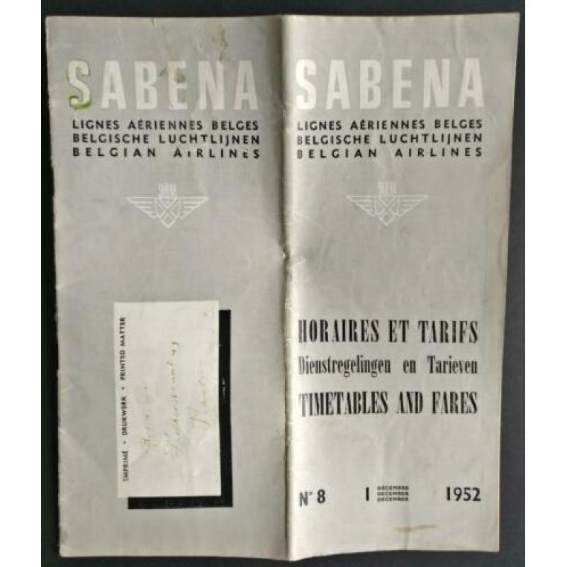Timetable Sabena uit december 1952 (N31)