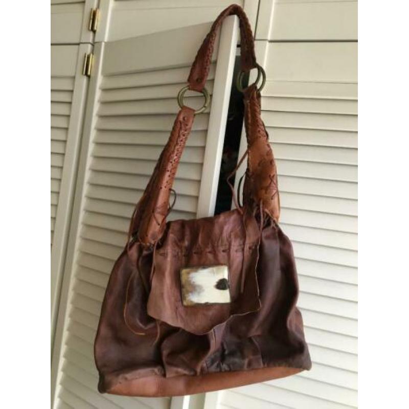 Boho tas uit Ibiza, bruin leer, handgemaakt