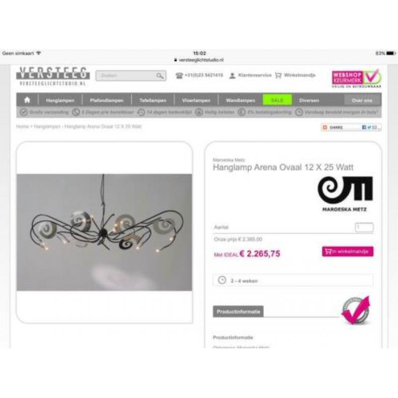 Van: 2265,- Voor: 850,- Maroeska Metz Arena design lamp