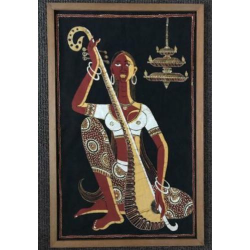 Batik Singalese vrouw met Sitar houten lijst