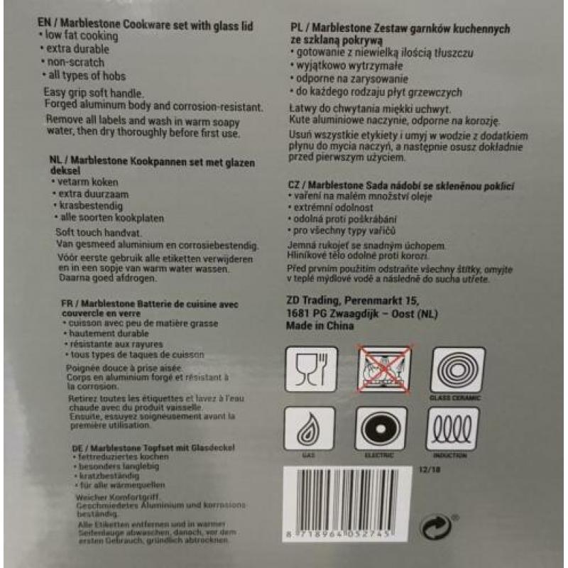 Hoogwaardige pannenset Maten: Ø 18, 20 en 24 cm Inclusief gl