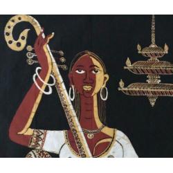 Batik Singalese vrouw met Sitar houten lijst
