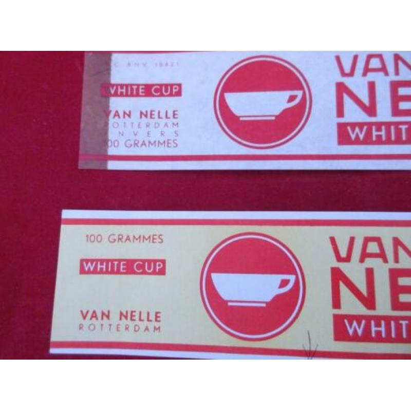 2 Van Nelle thee labels.White cup TEA Export Uit 1952