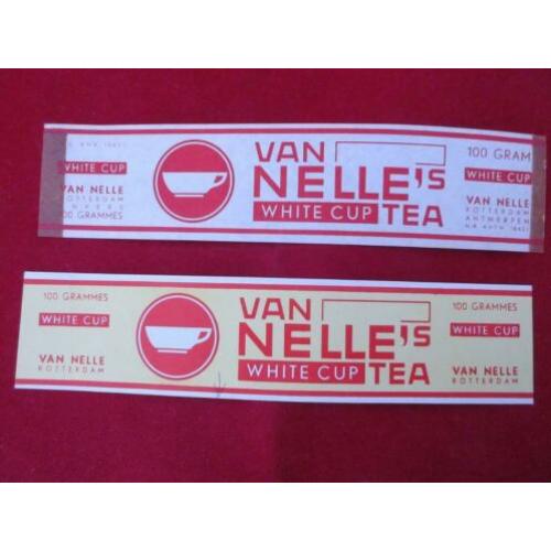 2 Van Nelle thee labels.White cup TEA Export Uit 1952