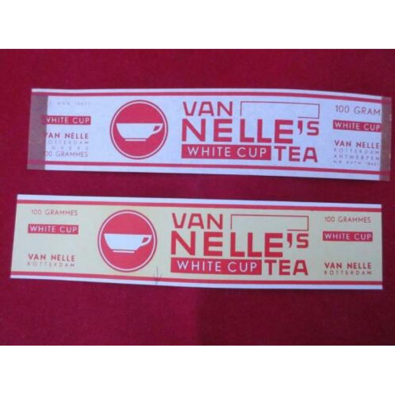 2 Van Nelle thee labels.White cup TEA Export Uit 1952
