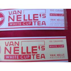 2 Van Nelle thee labels.White cup TEA Export Uit 1952