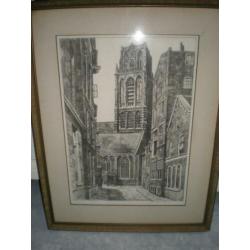 Laurenskerk rotterdam pentekening 33x45 cm lijst 49x63 cm
