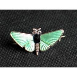 Art Deco zilveren vlinder broche groen en zwart emaille