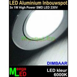 LED inbouwspot spot 3W - 3 x 1watt - Re Wit - 6000K - Dimbaa