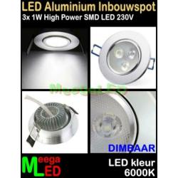 LED inbouwspot spot 3W - 3 x 1watt - Re Wit - 6000K - Dimbaa