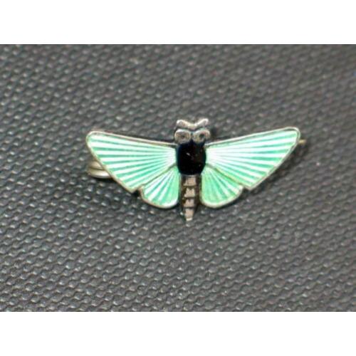 Art Deco zilveren vlinder broche groen en zwart emaille