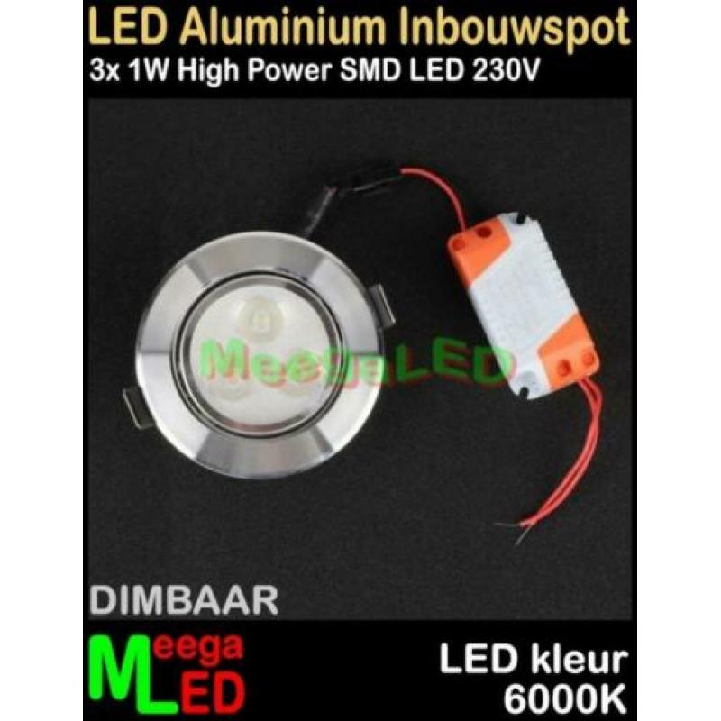 LED inbouwspot spot 3W - 3 x 1watt - Re Wit - 6000K - Dimbaa
