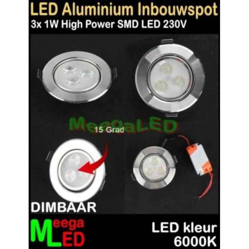 LED inbouwspot spot 3W - 3 x 1watt - Re Wit - 6000K - Dimbaa