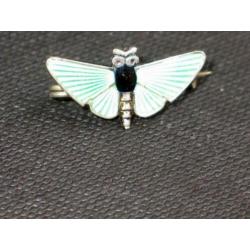 Art Deco zilveren vlinder broche groen en zwart emaille