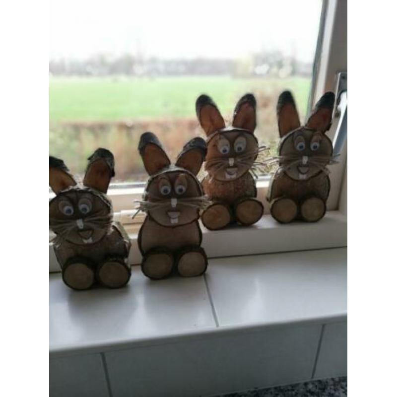 Leuke handgemaakte houten paashazen.