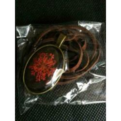 Mooie gedroogde rode bloem in hanger met ketting
