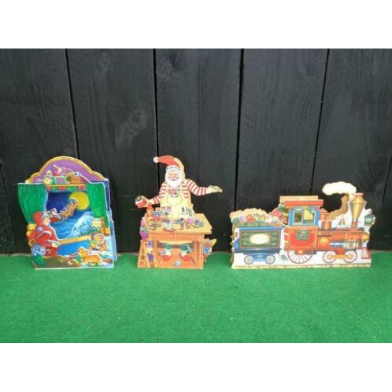 3 houten kerst muziekdoos/muziekdozen,locomotief/kerstman