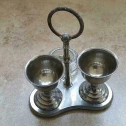 15. Antiek zilver eierdop 2 pers. set zout glas Pasen
