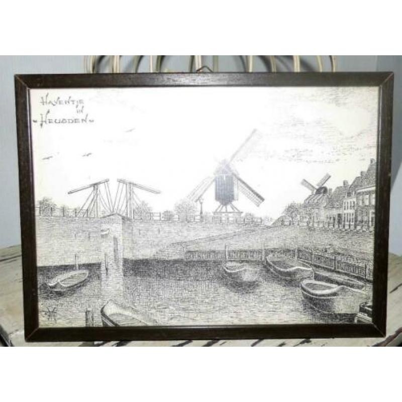 Lijstje schilderijtje afbeelding tekening Haven Heusden(400)