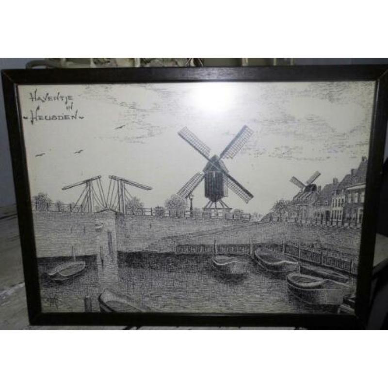Lijstje schilderijtje afbeelding tekening Haven Heusden(400)