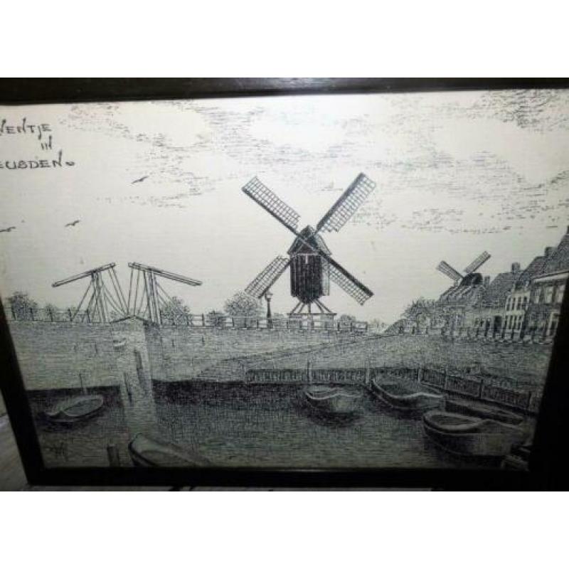 Lijstje schilderijtje afbeelding tekening Haven Heusden(400)