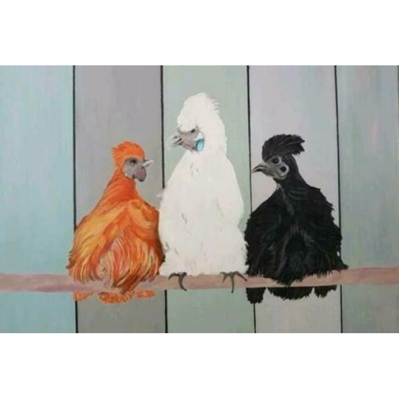 Kippen op stok schilderij, acrylaat op linnen 80x60cm