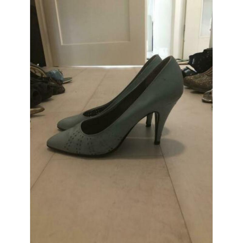 Vintage pumps lichtblauw leer hoge hak maat 40/41