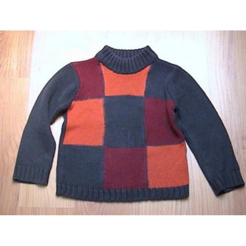 Hema bruine trui met blokken in oranje en rood maat 110 116