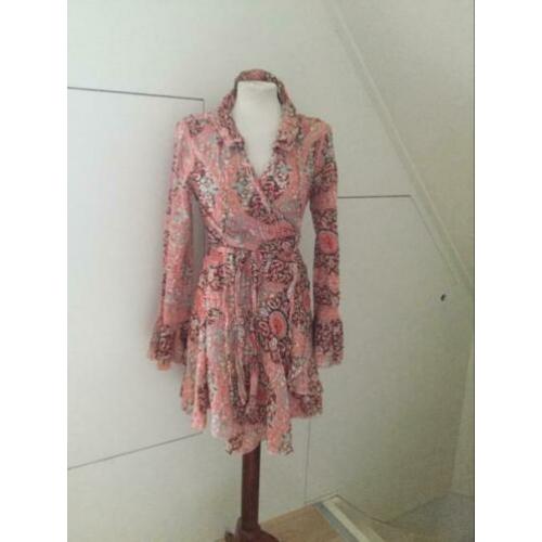 Jurk Isla Ibiza 38 M 40 L roze katoen bloem / vest cognac wi