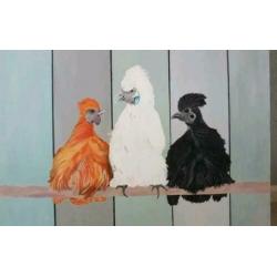 Kippen op stok schilderij, acrylaat op linnen 80x60cm