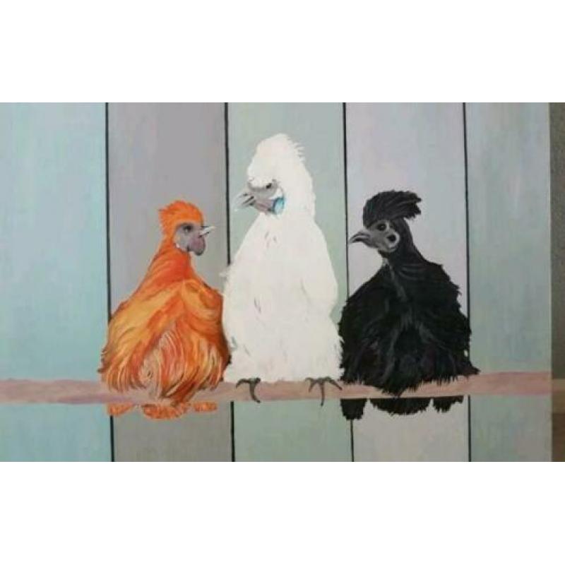 Kippen op stok schilderij, acrylaat op linnen 80x60cm