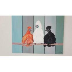 Kippen op stok schilderij, acrylaat op linnen 80x60cm