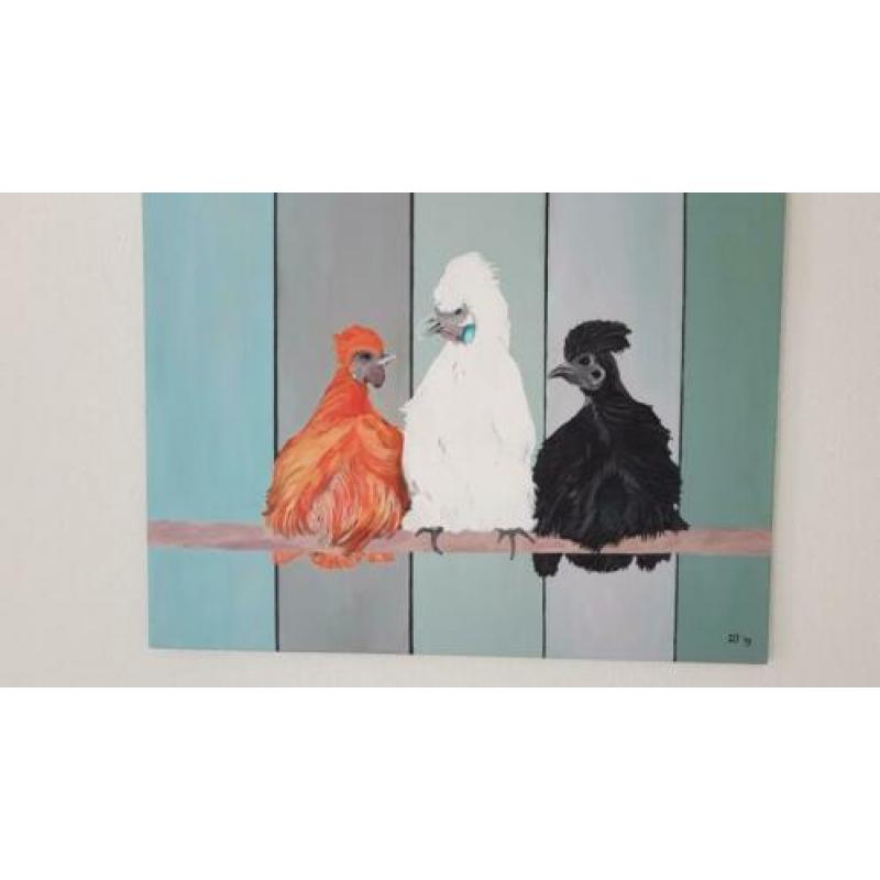 Kippen op stok schilderij, acrylaat op linnen 80x60cm