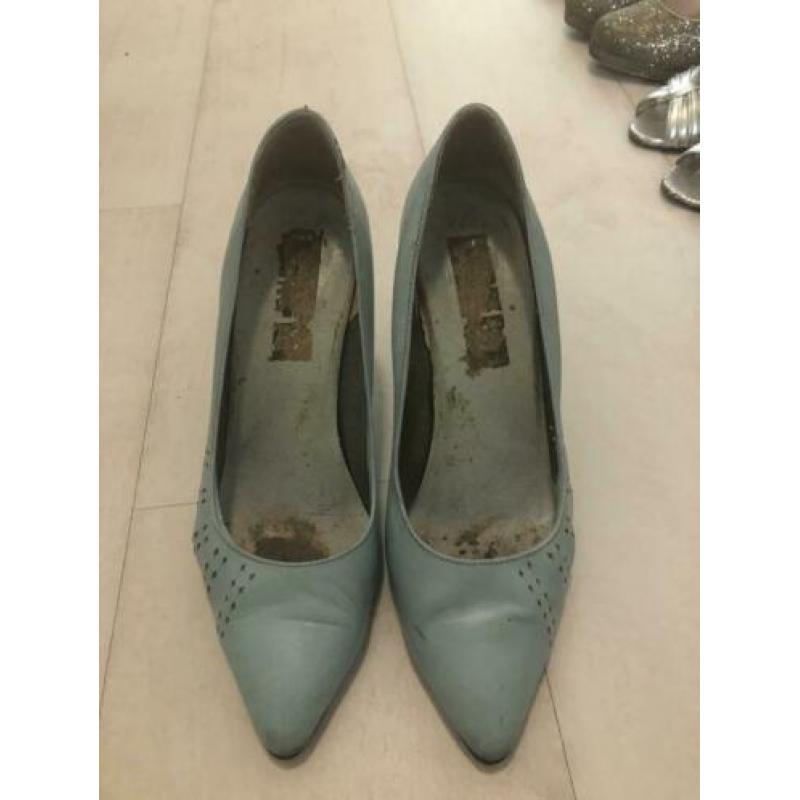 Vintage pumps lichtblauw leer hoge hak maat 40/41